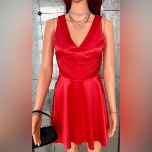 Chic Red Satin V-Neck Dress Excellent Condition